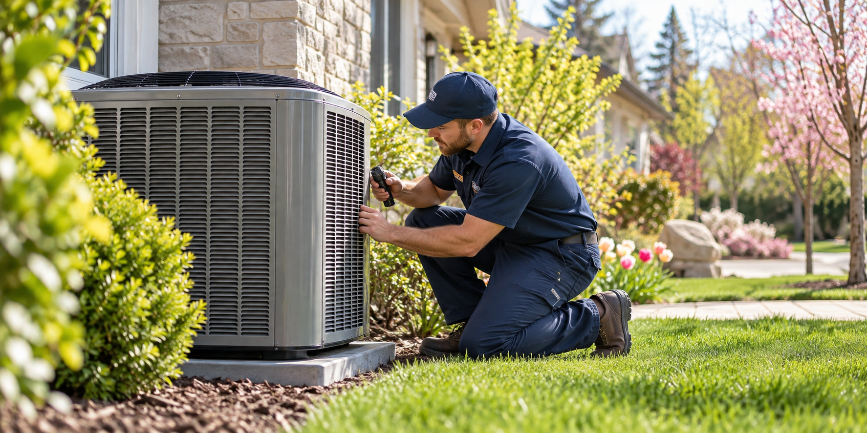HVAC technician inspecting an outdoor air conditioning unit during spring maintenance at an Oakville home.