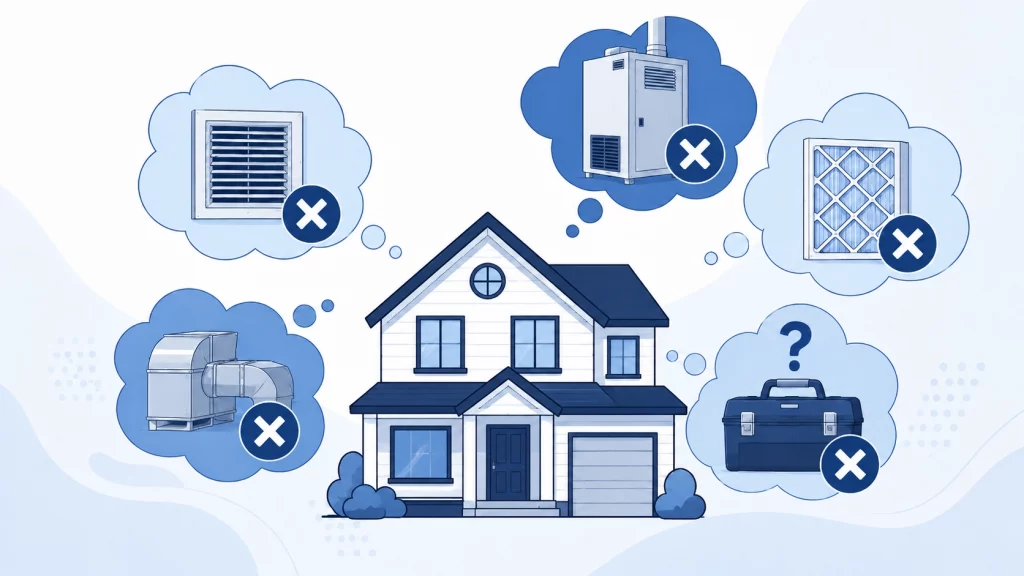 Illustration of a house thinking through common HVAC myths and misconceptions