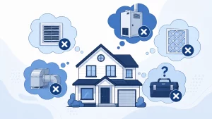 Illustration of a house thinking through common HVAC myths and misconceptions