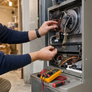 HVAC technician working on the wiring inside an open furnace, with a multimeter resting nearby