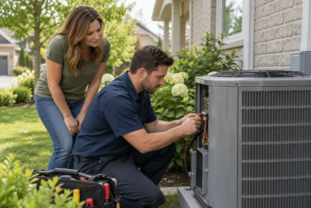 Atlantis HVAC technician servicing a residential air conditioner in Burlington