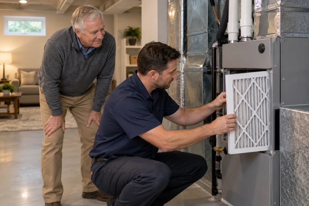 Atlantis HVAC technician checking a residential HVAC air filter in Burlington