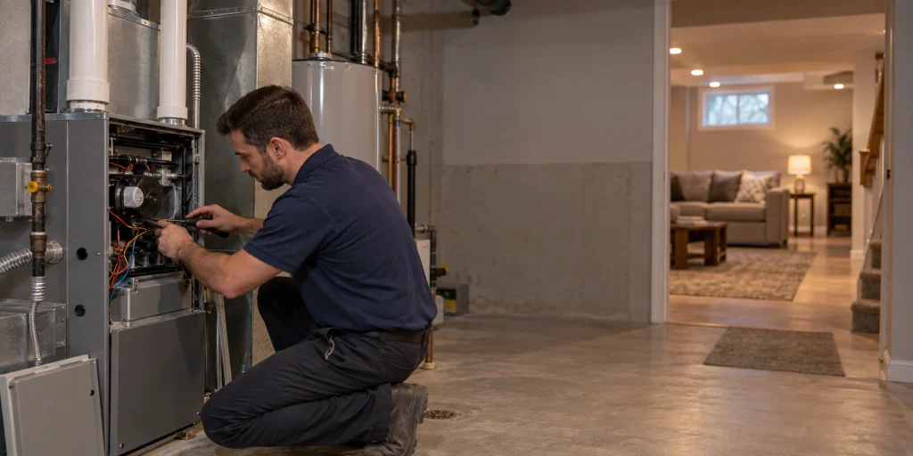 Atlantis HVAC technician servicing a residential furnace in Burlington