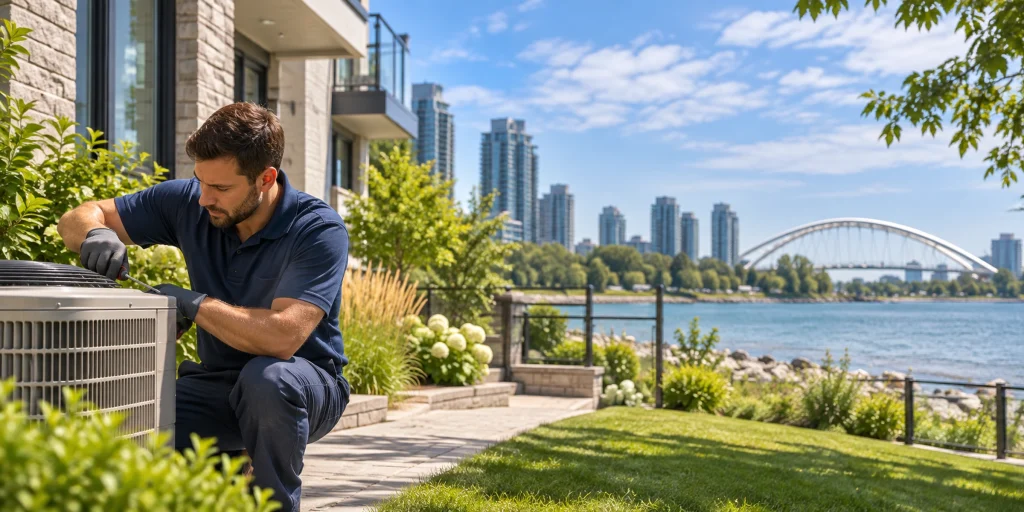 Atlantis HVAC technician servicing a residential air conditioner in Etobicoke and Toronto