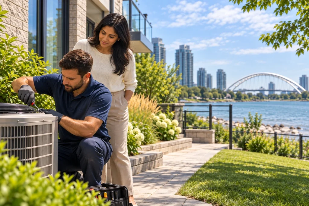 Atlantis HVAC technician servicing a residential air conditioner in Etobicoke and Toronto