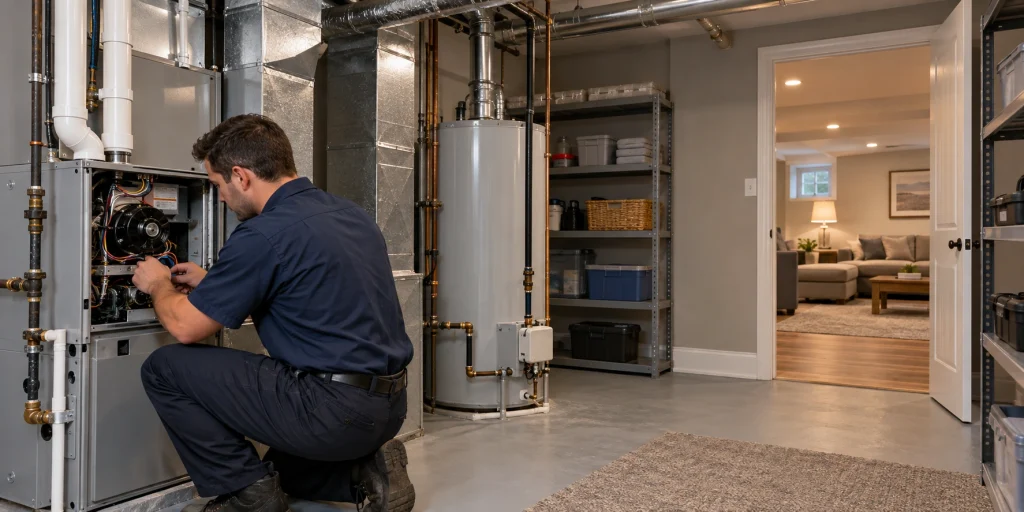 Atlantis HVAC technician servicing a residential furnace in Etobicoke and Toronto
