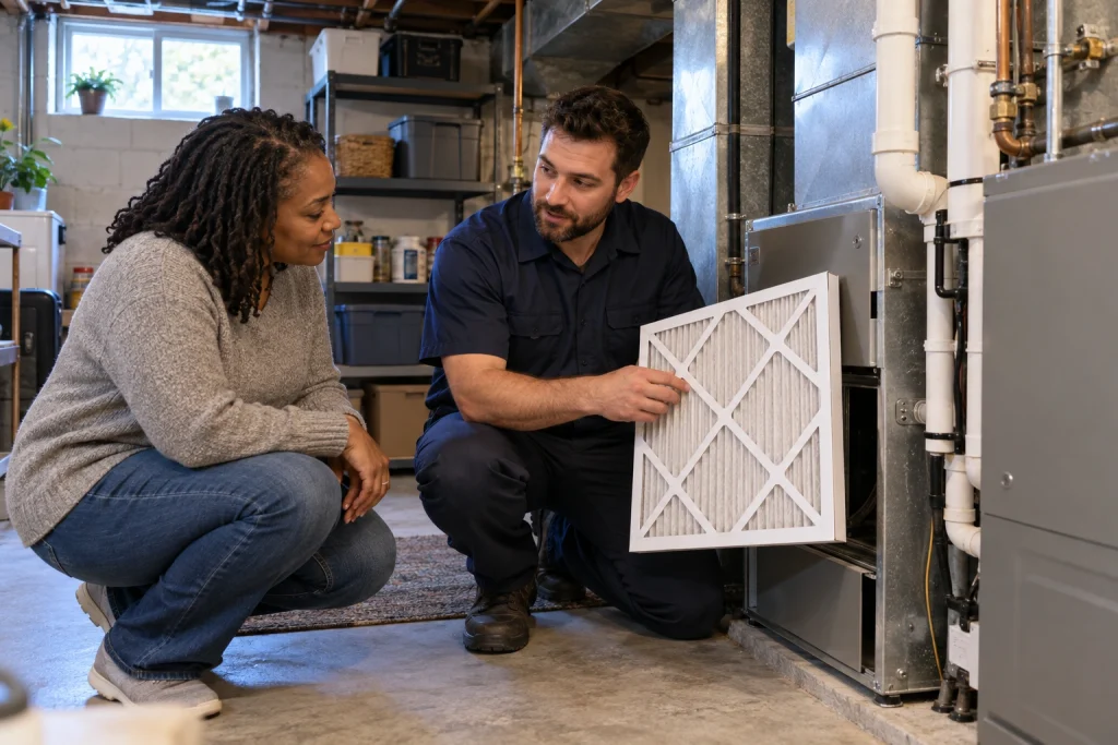 Atlantis HVAC technician checking a residential furnace air filter in Etobicoke and Toronto