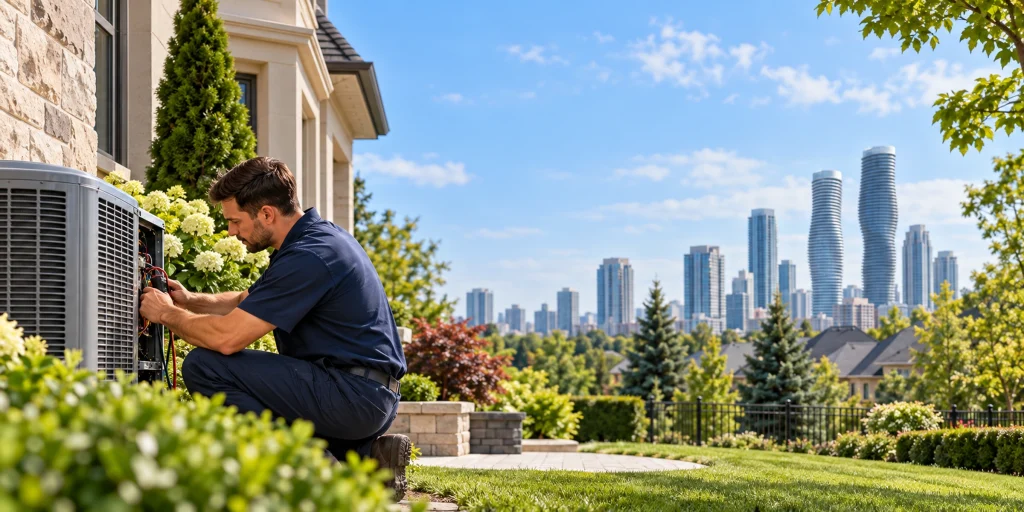 Atlantis HVAC technician servicing a residential air conditioner in Mississauga