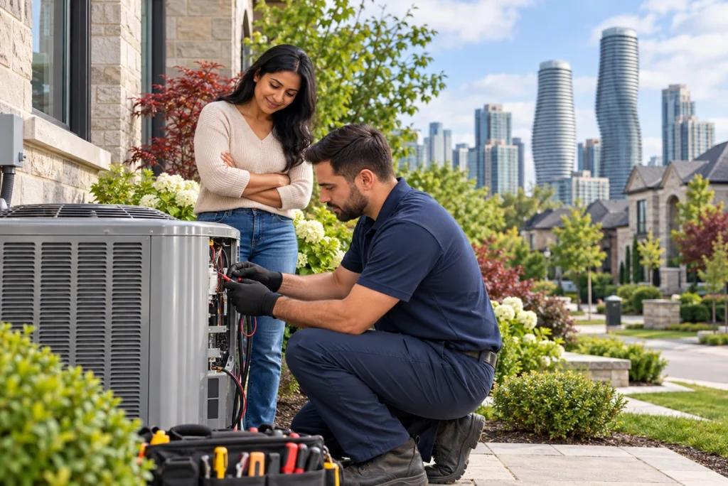 Atlantis HVAC technician servicing a residential air conditioner in Mississauga