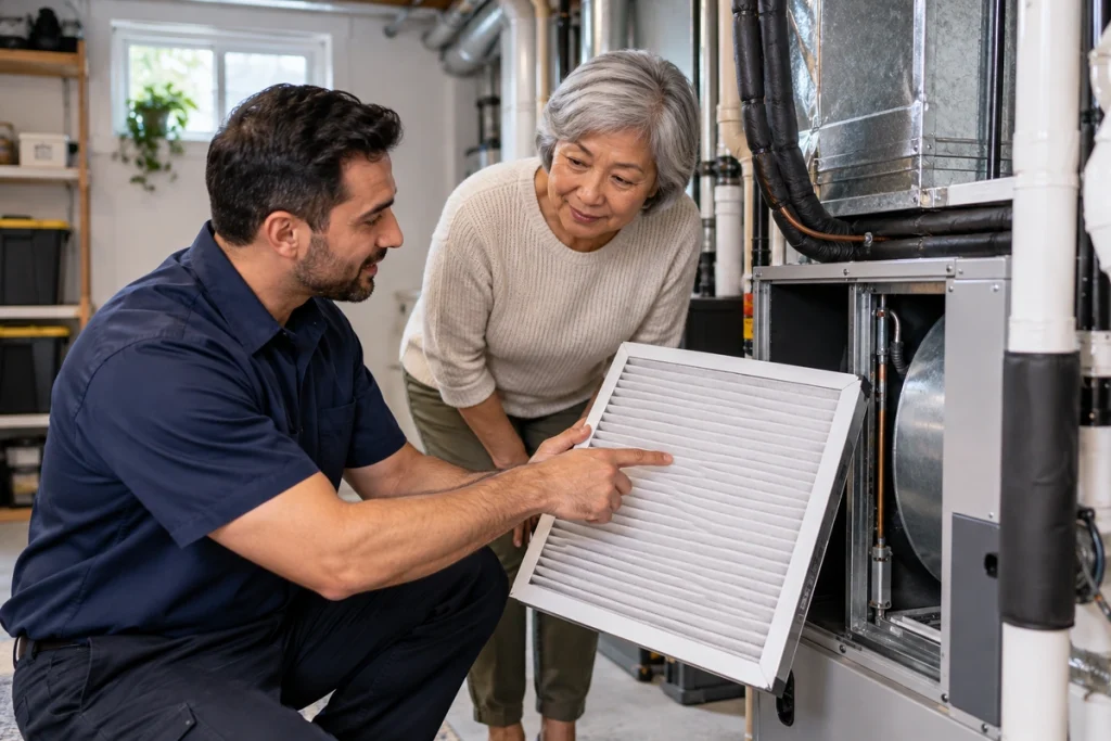 Atlantis HVAC technician checking a residential HVAC air filter in Mississauga