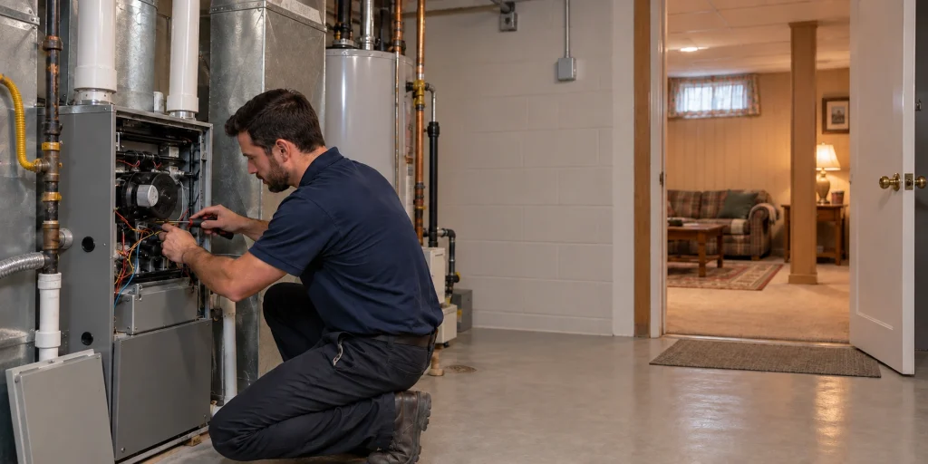 Atlantis HVAC technician servicing a residential furnace in Mississauga