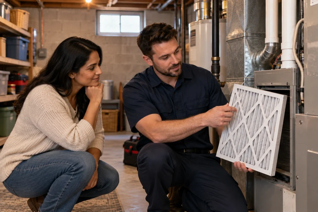 Atlantis HVAC technician checking a residential furnace air filter in Mississauga