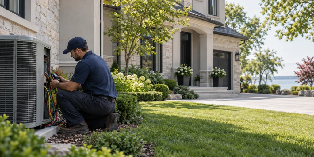 Atlantis HVAC technician servicing a residential air conditioner in Oakville