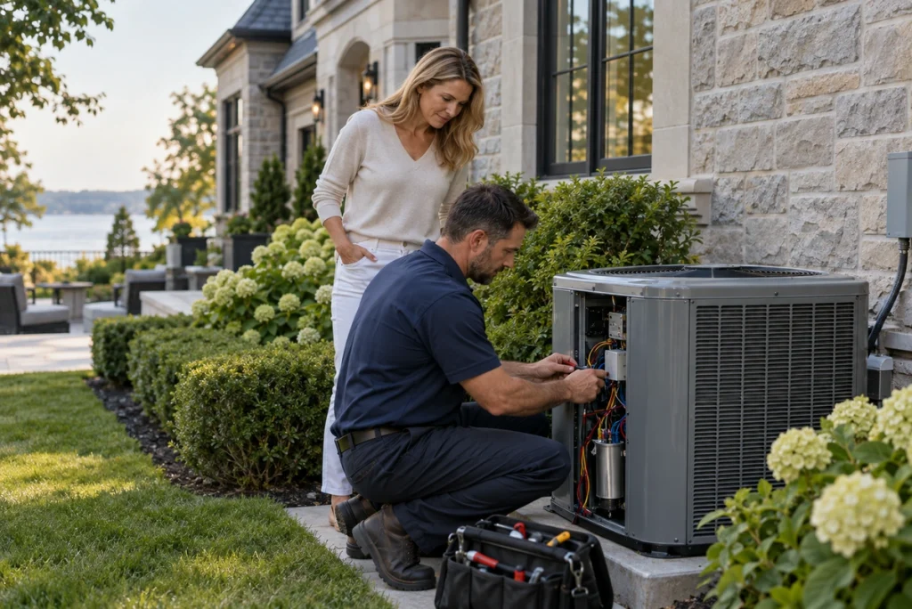 Atlantis HVAC technician servicing a residential air conditioner
