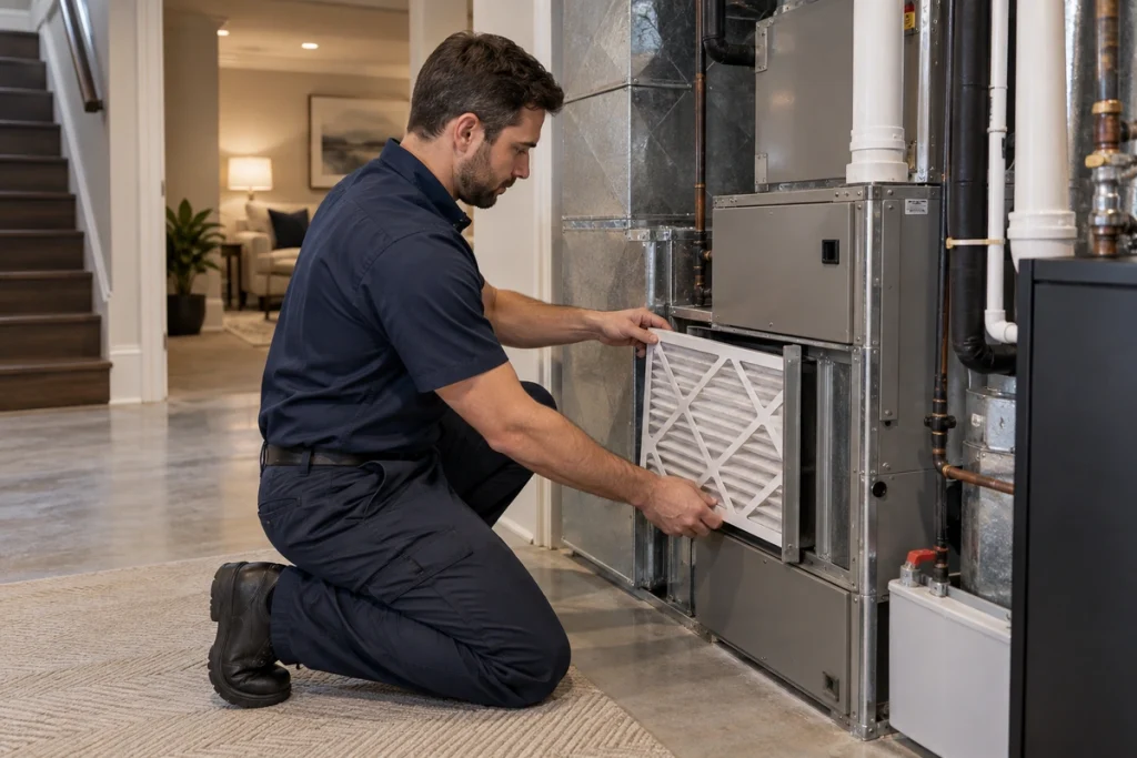 Atlantis HVAC technician checking a residential HVAC air filter in Oakville