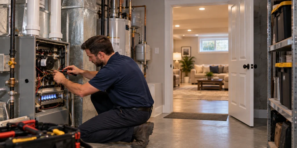 Atlantis HVAC technician servicing a residential furnace in Oakville