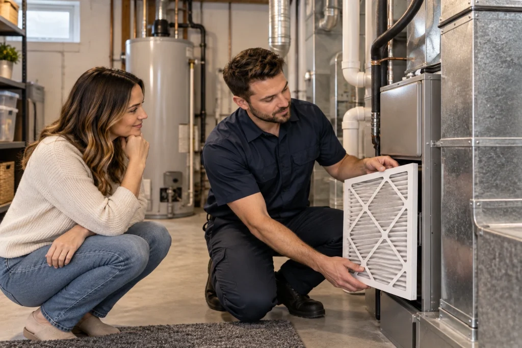 Atlantis HVAC technician checking a residential furnace air filter in Oakville